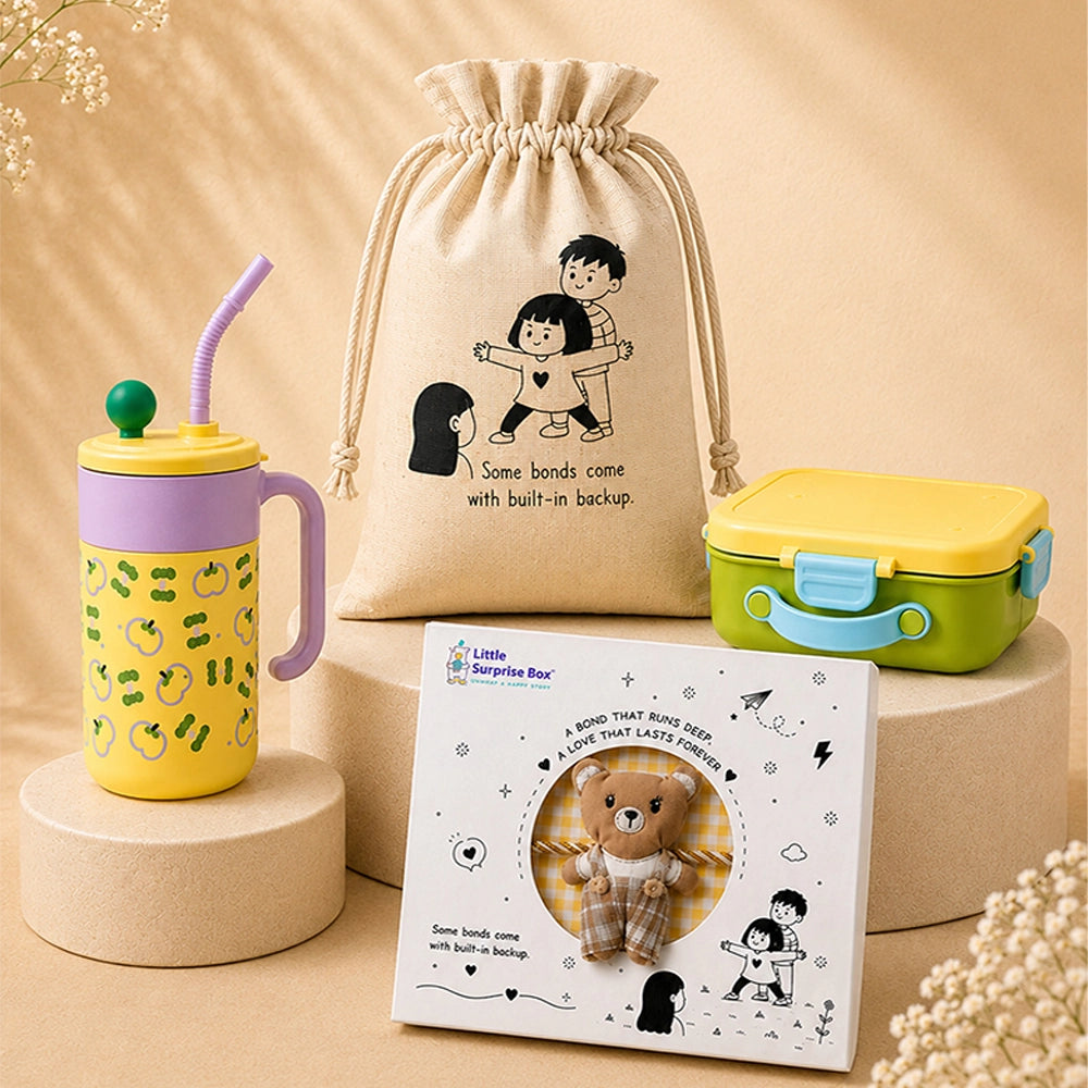 2 Pcs Green Tumbler & Bread Style Lunch Box Rakhi Gift Combo for Kids with Free Rakhi & Jute drawstring bag.