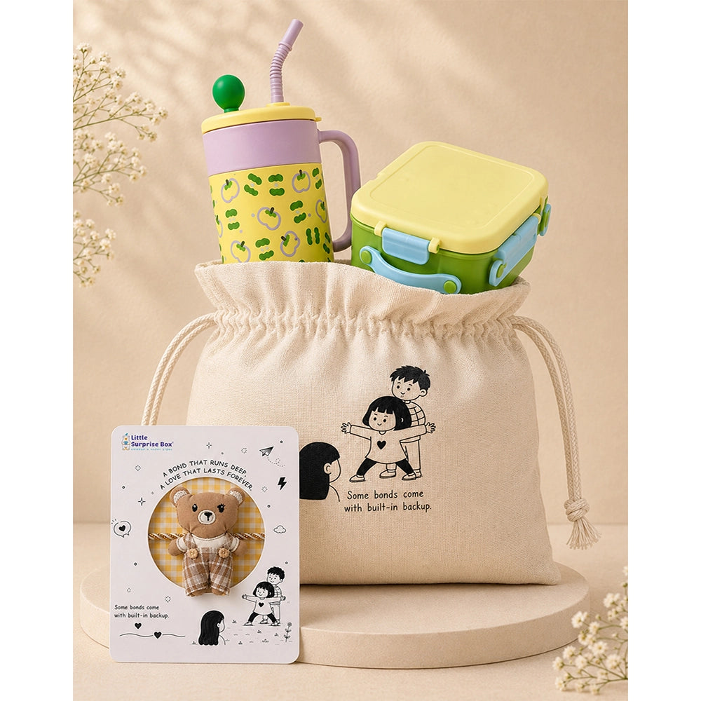 2 Pcs Green Tumbler & Bread Style Lunch Box Rakhi Gift Combo for Kids with Free Rakhi & Jute drawstring bag.