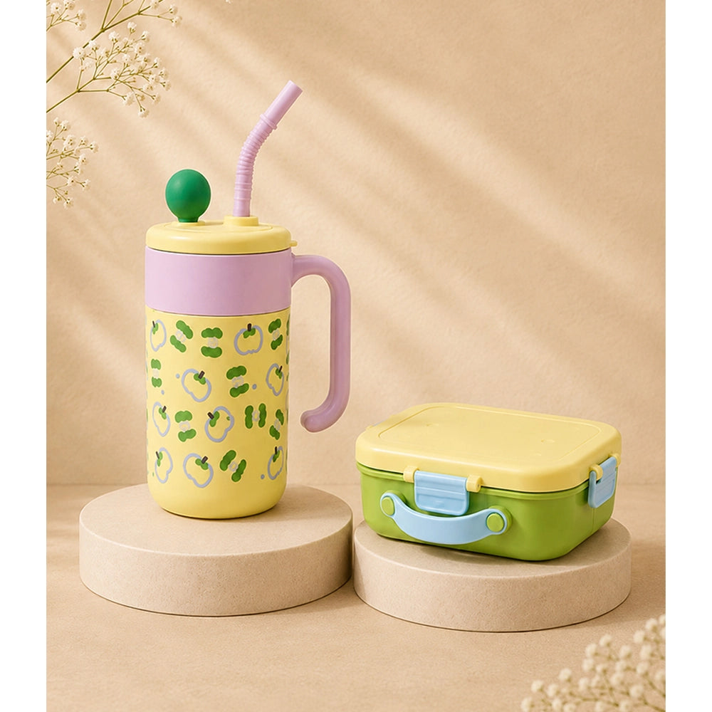 2 Pcs Green Tumbler & Bread Style Lunch Box Rakhi Gift Combo for Kids with Free Rakhi & Jute drawstring bag.