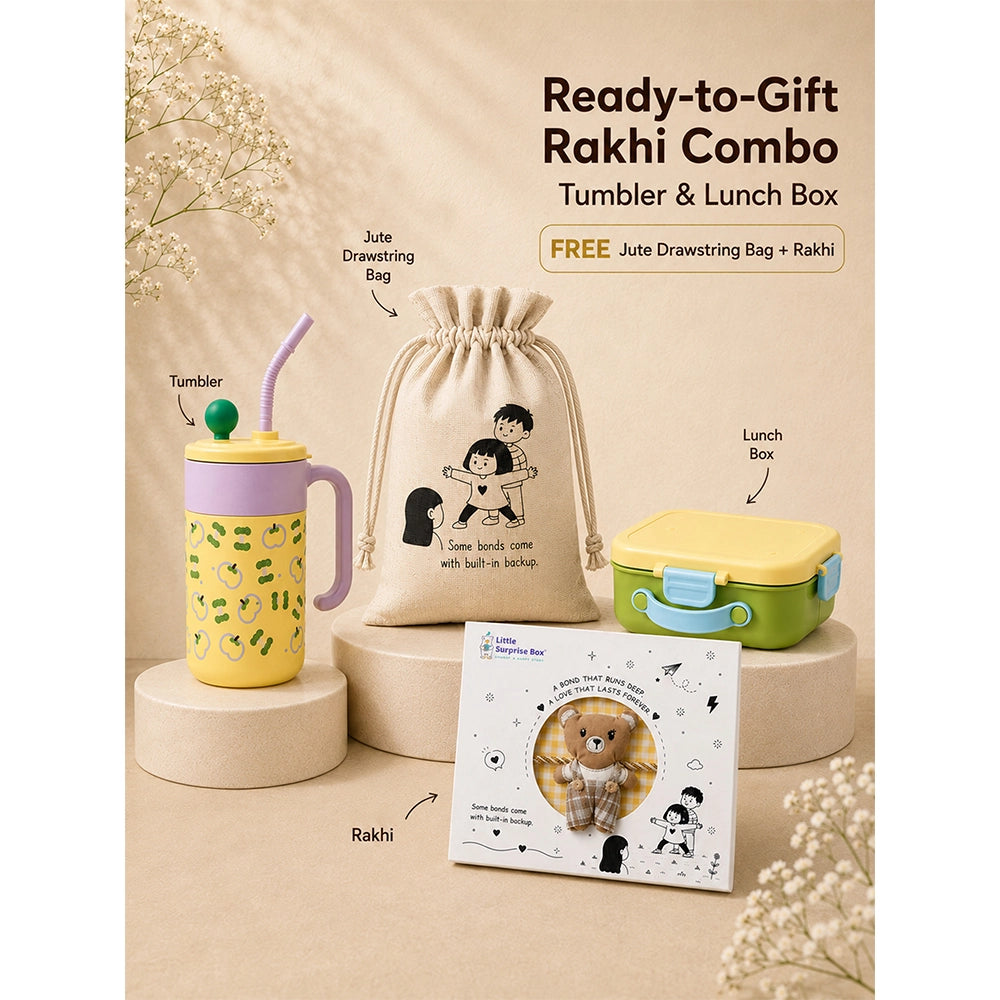 2 Pcs Green Tumbler & Bread Style Lunch Box Rakhi Gift Combo for Kids with Free Rakhi & Jute drawstring bag.