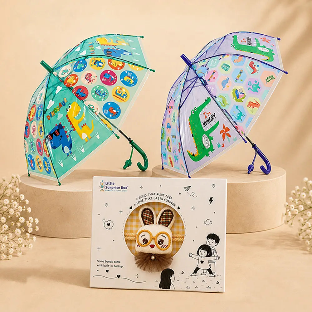 2 Pcs Transparent Green Dino & Purple Crocodile Umbrella Rakhi Gift Combo for Kids with Free Rakhi