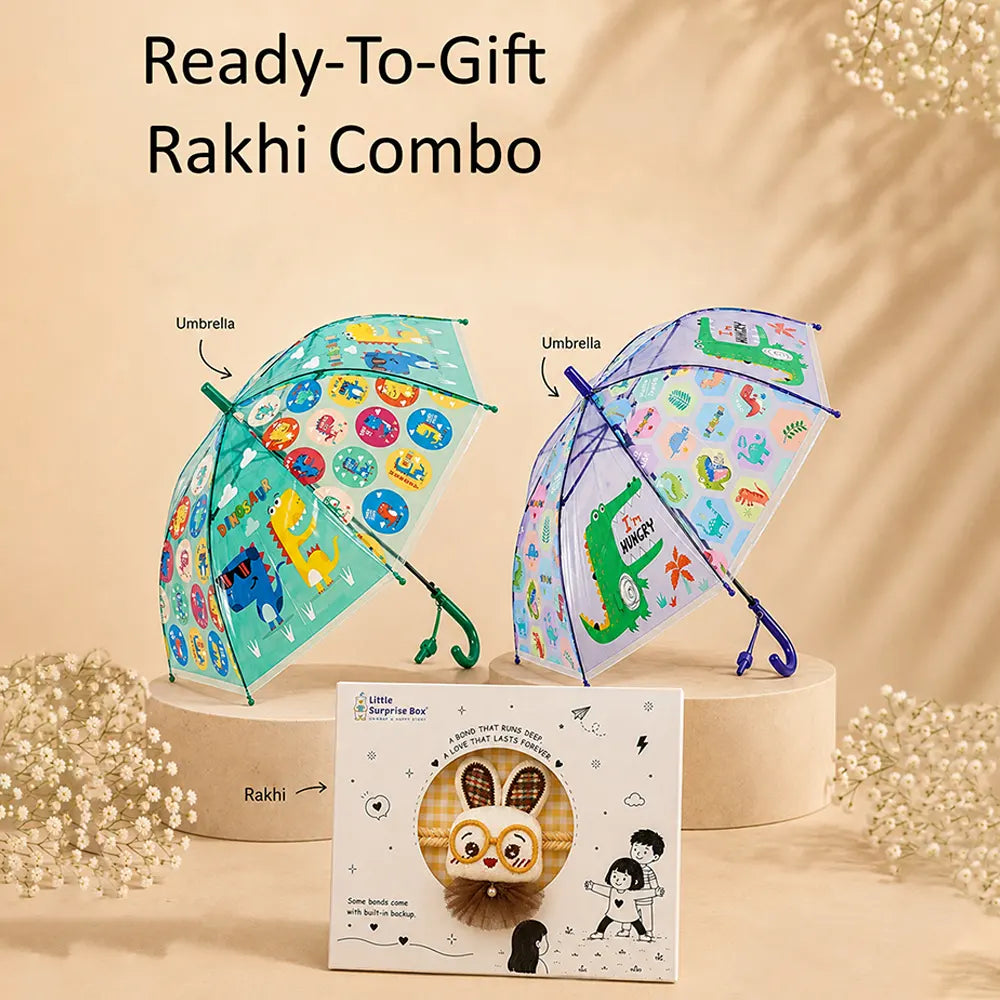 2 Pcs Transparent Green Dino & Purple Crocodile Umbrella Rakhi Gift Combo for Kids with Free Rakhi