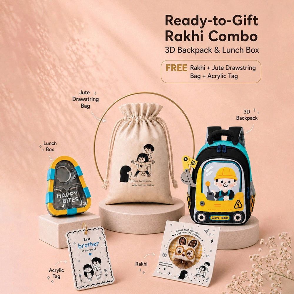 2 Pcs Dumper Backpack & Blue Triangle Stainless Steel Lunch Box Rakhi Gift Combo for Kids with Free Rakhi & Jute drawstring Bag