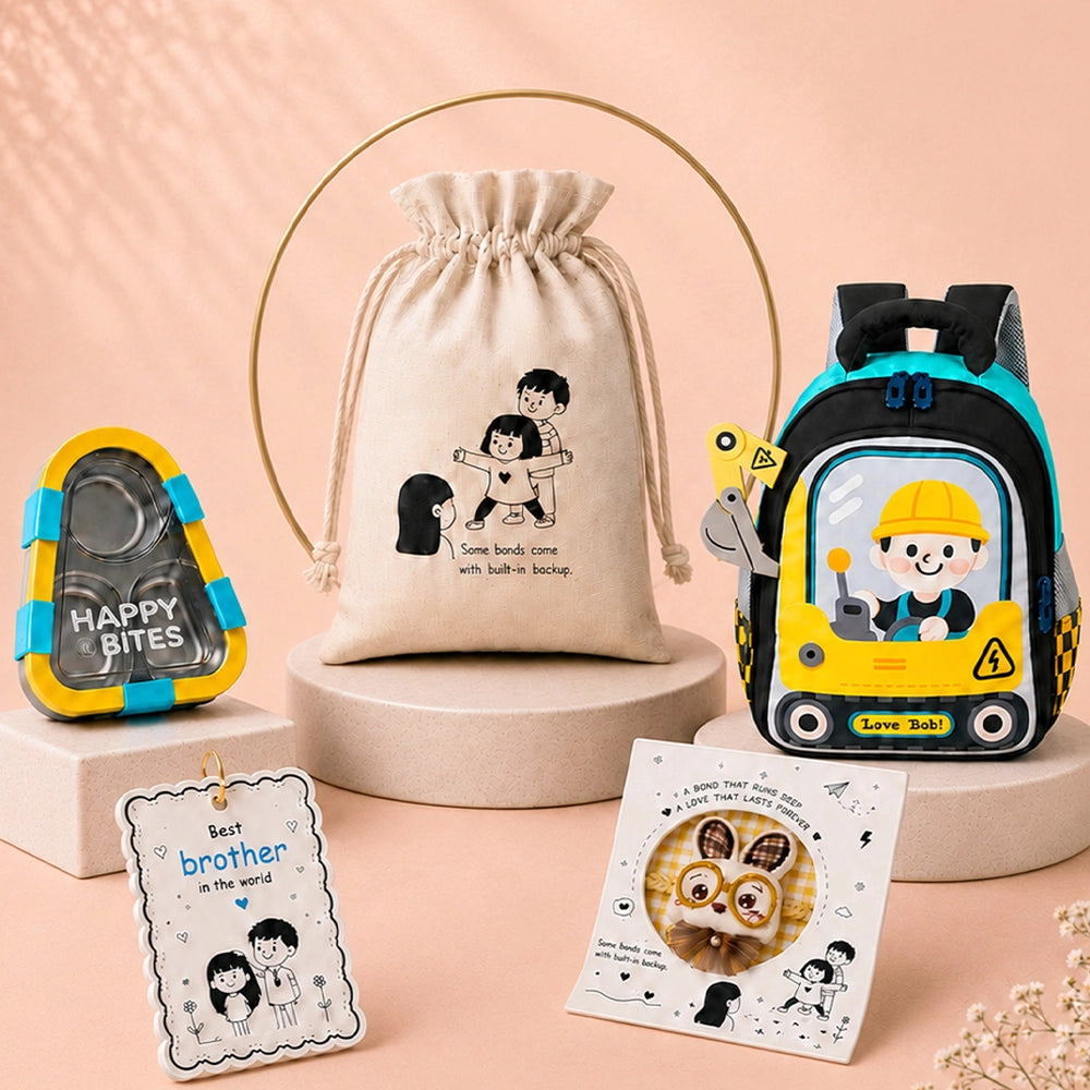 2 Pcs Dumper Backpack & Blue Triangle Stainless Steel Lunch Box Rakhi Gift Combo for Kids with Free Rakhi & Jute drawstring Bag