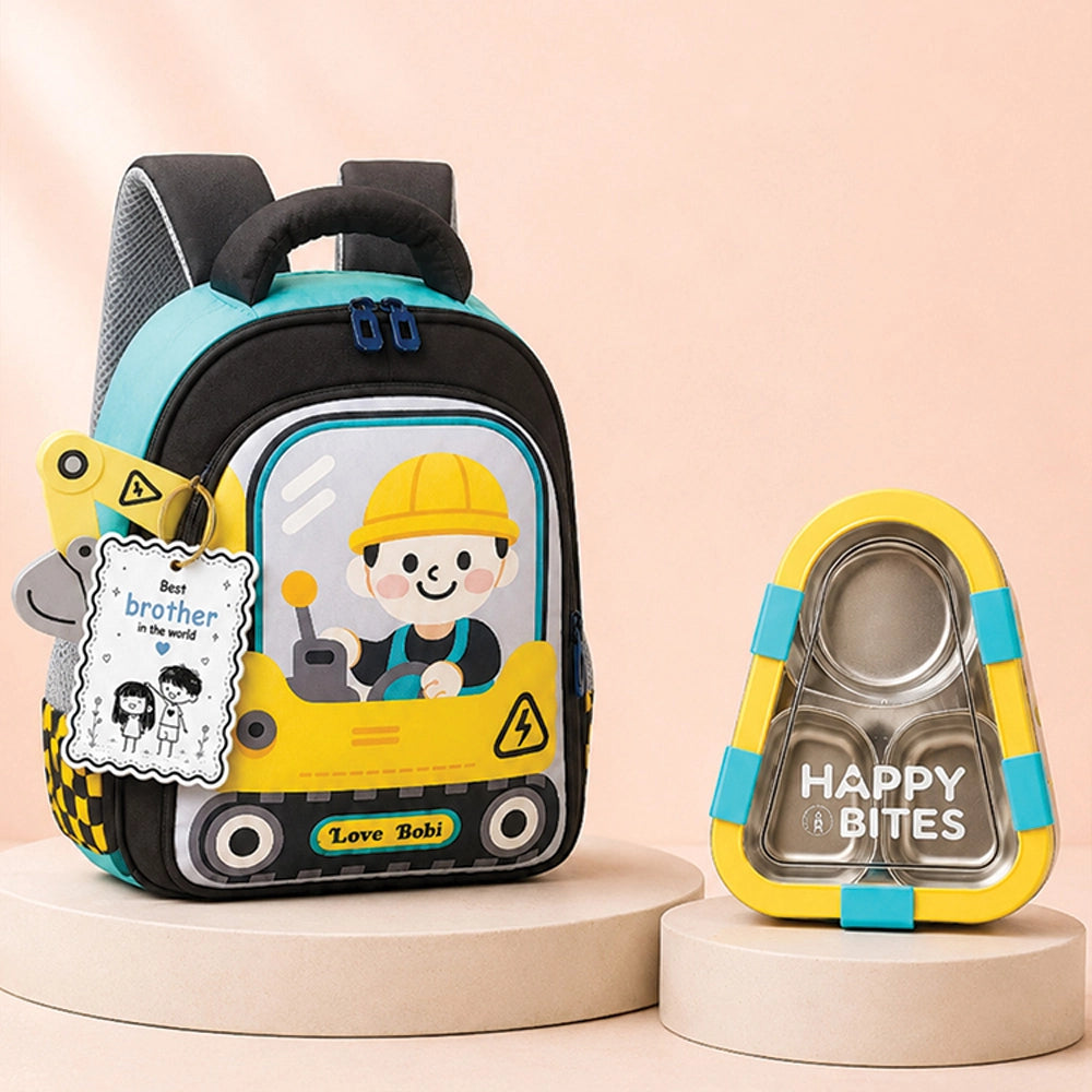 2 Pcs Dumper Backpack & Blue Triangle Stainless Steel Lunch Box Rakhi Gift Combo for Kids with Free Rakhi & Jute drawstring Bag