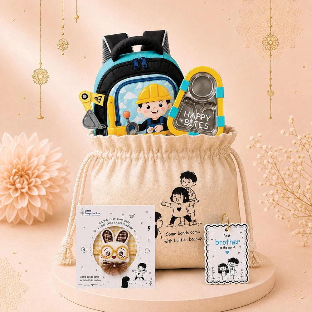 2 Pcs Dumper Backpack & Blue Triangle Stainless Steel Lunch Box Rakhi Gift Combo for Kids with Free Rakhi & Jute drawstring Bag