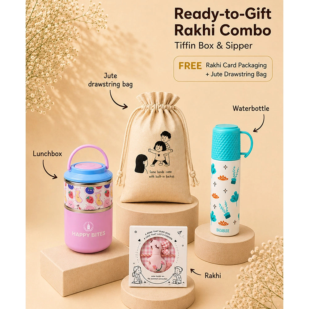 2 Pcs Blue Checks Water Bottle & Fruity Double Decker Lunch Box Rakhi Gift Combo for Kids with Free Rakhi & Jute drawstring bag.
