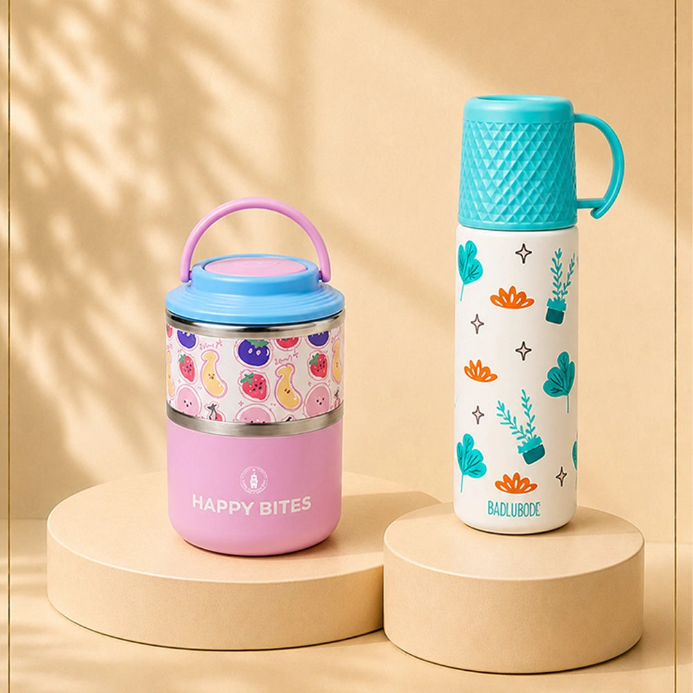 2 Pcs Blue Checks Water Bottle & Fruity Double Decker Lunch Box Rakhi Gift Combo for Kids with Free Rakhi & Jute drawstring bag.
