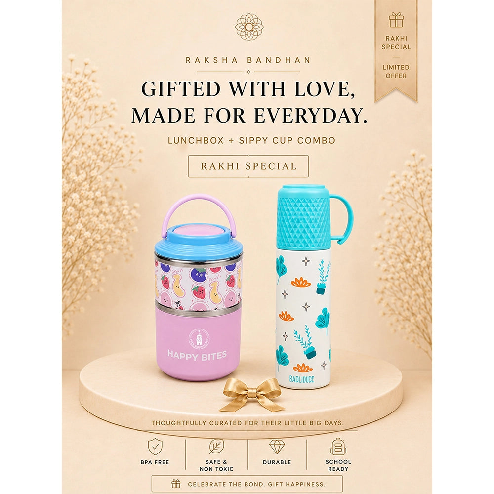 2 Pcs Blue Checks Water Bottle & Fruity Double Decker Lunch Box Rakhi Gift Combo for Kids with Free Rakhi & Jute drawstring bag.