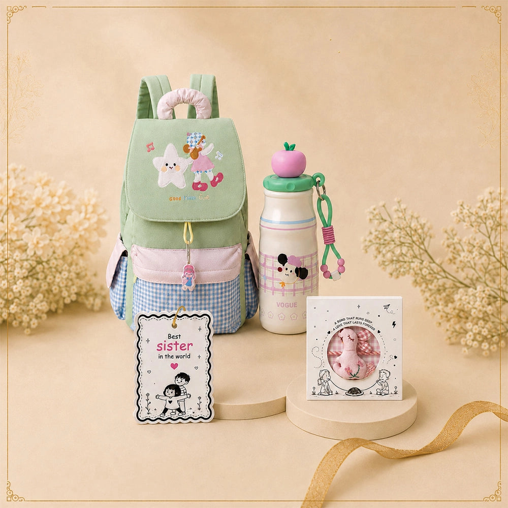 2 Pcs Gingham Girl Backpack & Pink Stainless Steel Water Bottle Rakhi Gift Combo for Kids with Free Rakhi