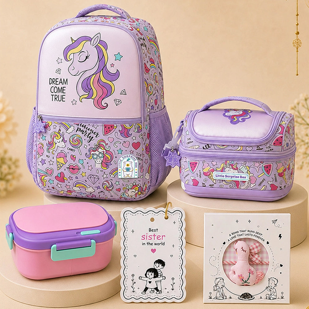 3 Pcs Hologram Unicorn Backpack, Lunch Bag & Pink Flap Lunch Box with Rakhi Gift Combo for Kids with Free Rakhi