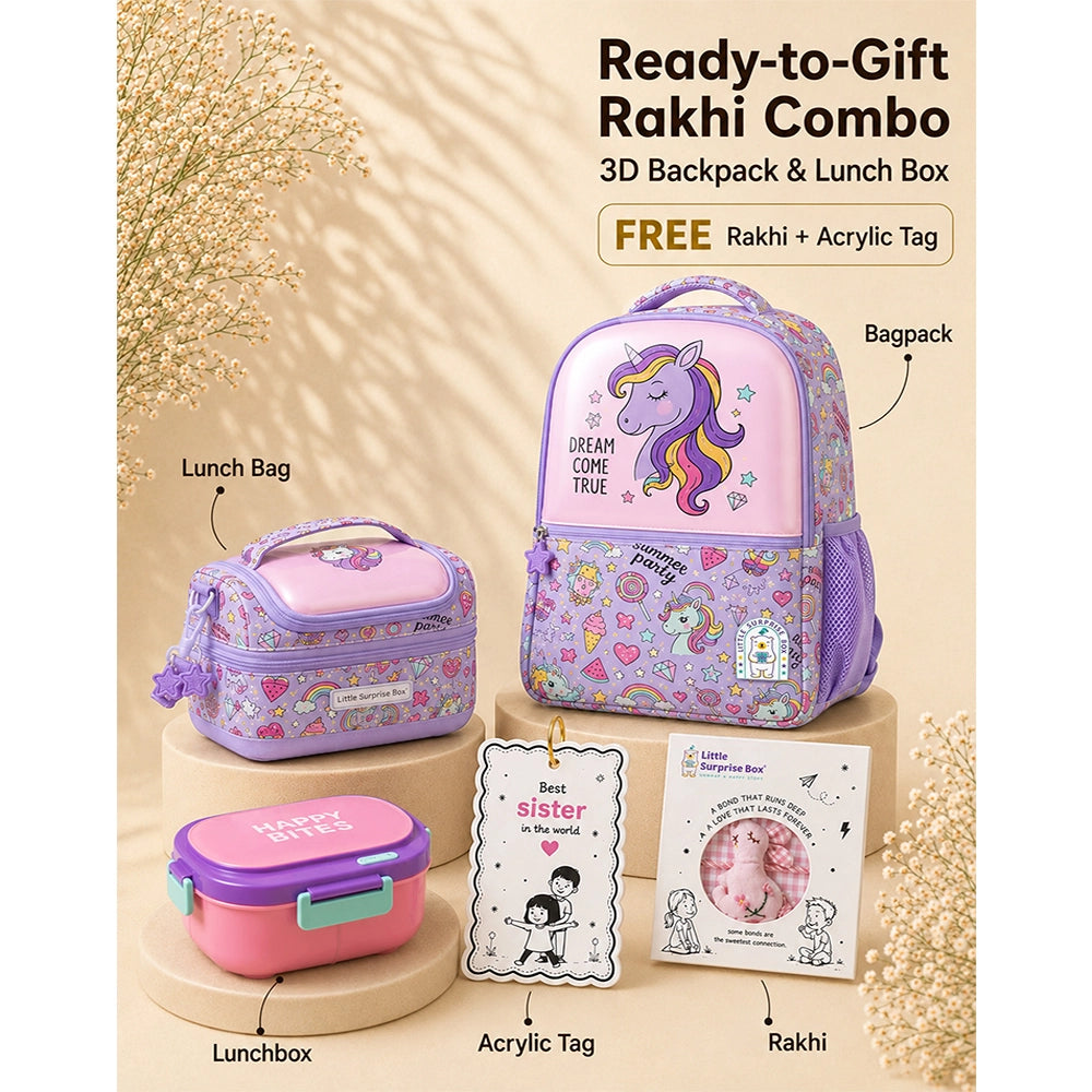 3 Pcs Hologram Unicorn Backpack, Lunch Bag & Pink Flap Lunch Box with Rakhi Gift Combo for Kids with Free Rakhi