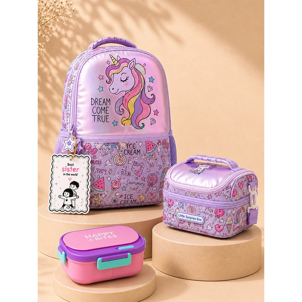 3 Pcs Hologram Unicorn Backpack, Lunch Bag & Pink Flap Lunch Box with Rakhi Gift Combo for Kids with Free Rakhi