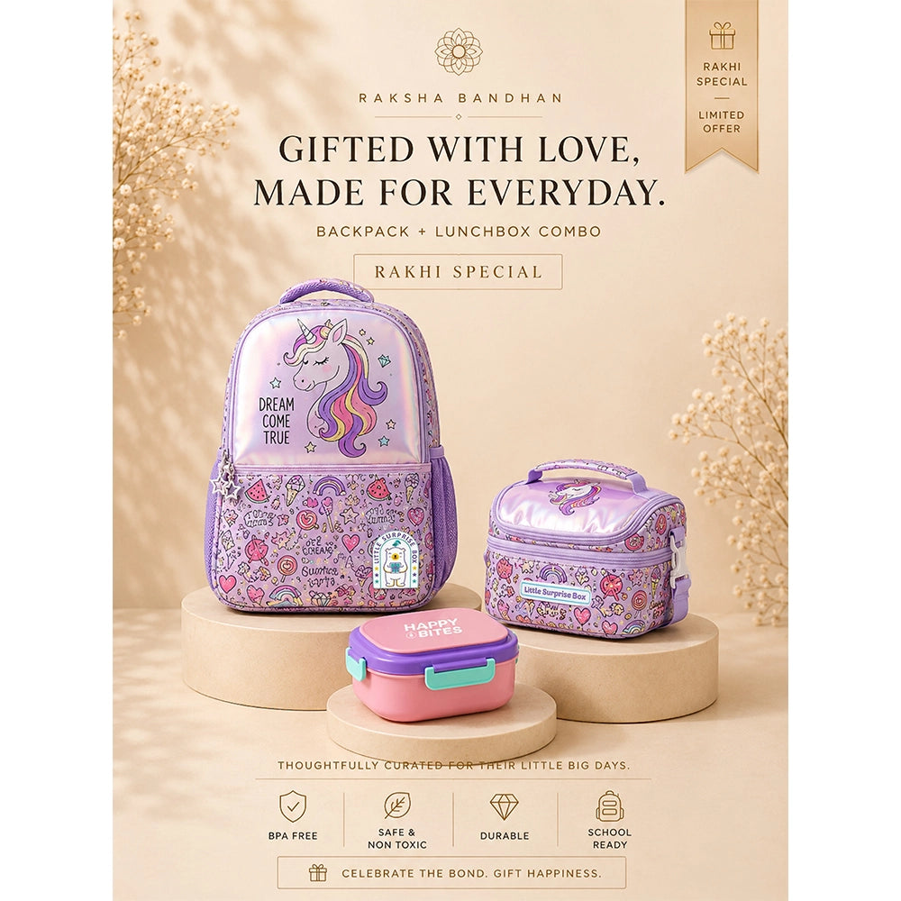 3 Pcs Hologram Unicorn Backpack, Lunch Bag & Pink Flap Lunch Box with Rakhi Gift Combo for Kids with Free Rakhi