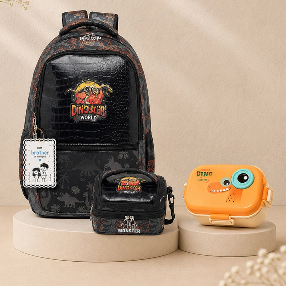 3 Pcs Jurassic Dino Backpack, Matching Lunch Bag & Orange Dino Lunch Box Rakhi Gift Combo for Kids with Free Rakhi
