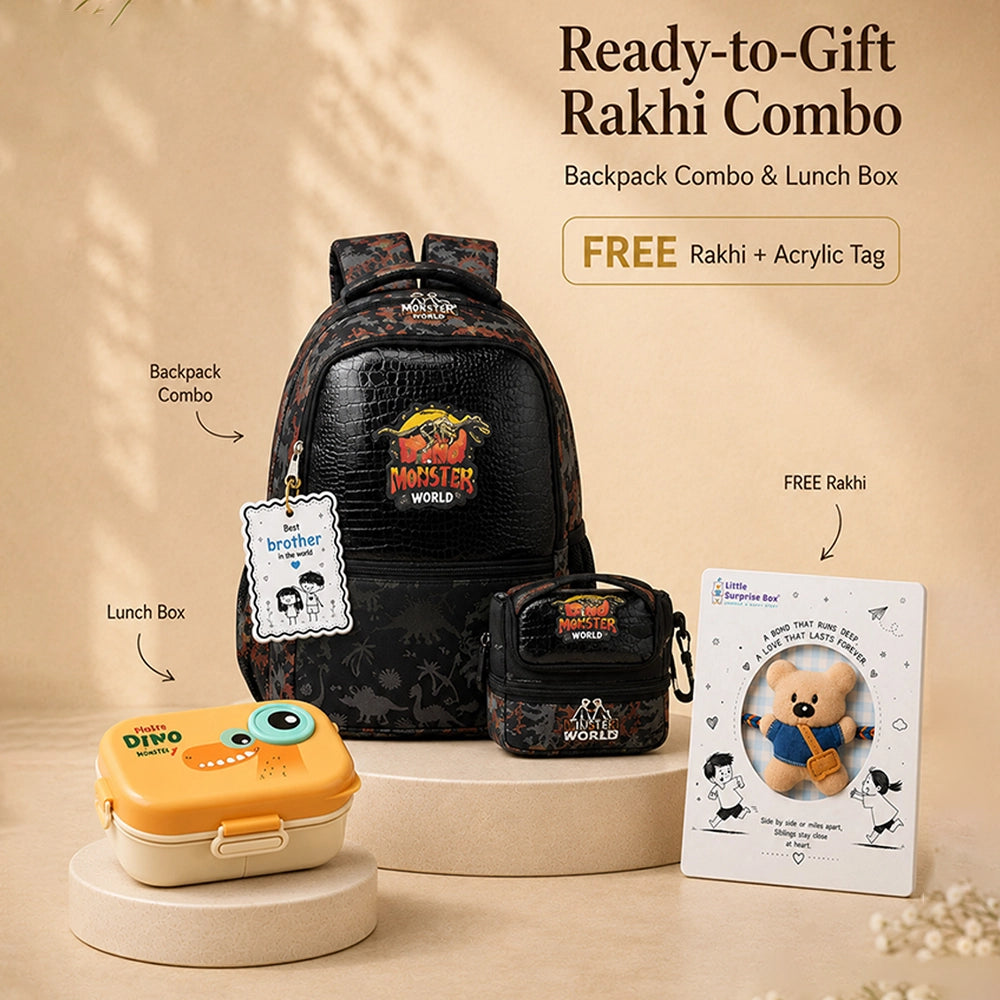3 Pcs Jurassic Dino Backpack, Matching Lunch Bag & Orange Dino Lunch Box Rakhi Gift Combo for Kids with Free Rakhi