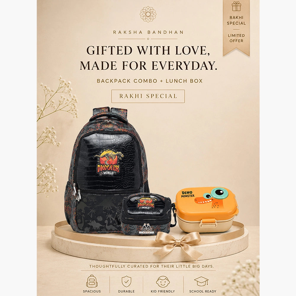 3 Pcs Jurassic Dino Backpack, Matching Lunch Bag & Orange Dino Lunch Box Rakhi Gift Combo for Kids with Free Rakhi