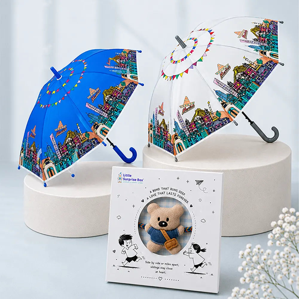 2 Pcs Blue & Grey Mexico Landmark Umbrella Rakhi Gift Combo for Kids with Free Rakhi