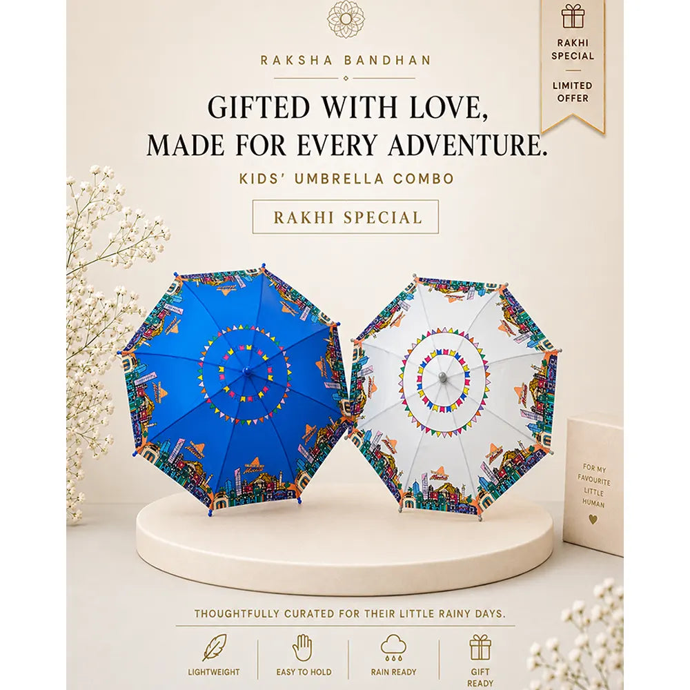 2 Pcs Blue & Grey Mexico Landmark Umbrella Rakhi Gift Combo for Kids with Free Rakhi