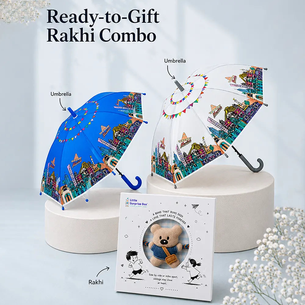 2 Pcs Blue & Grey Mexico Landmark Umbrella Rakhi Gift Combo for Kids with Free Rakhi
