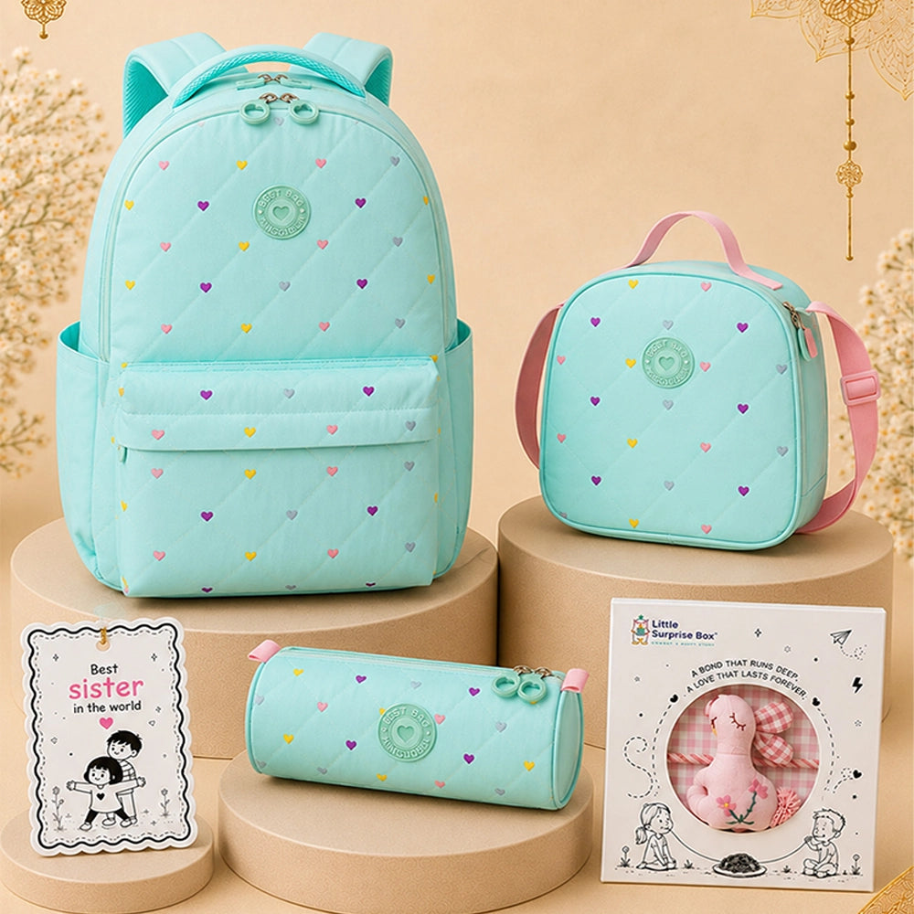 3 Pcs Mint Mini Heart Matching Backpack, Lunch Bag and Stationery Pouch Rakhi Gift Combo for Kids with Free Rakhi