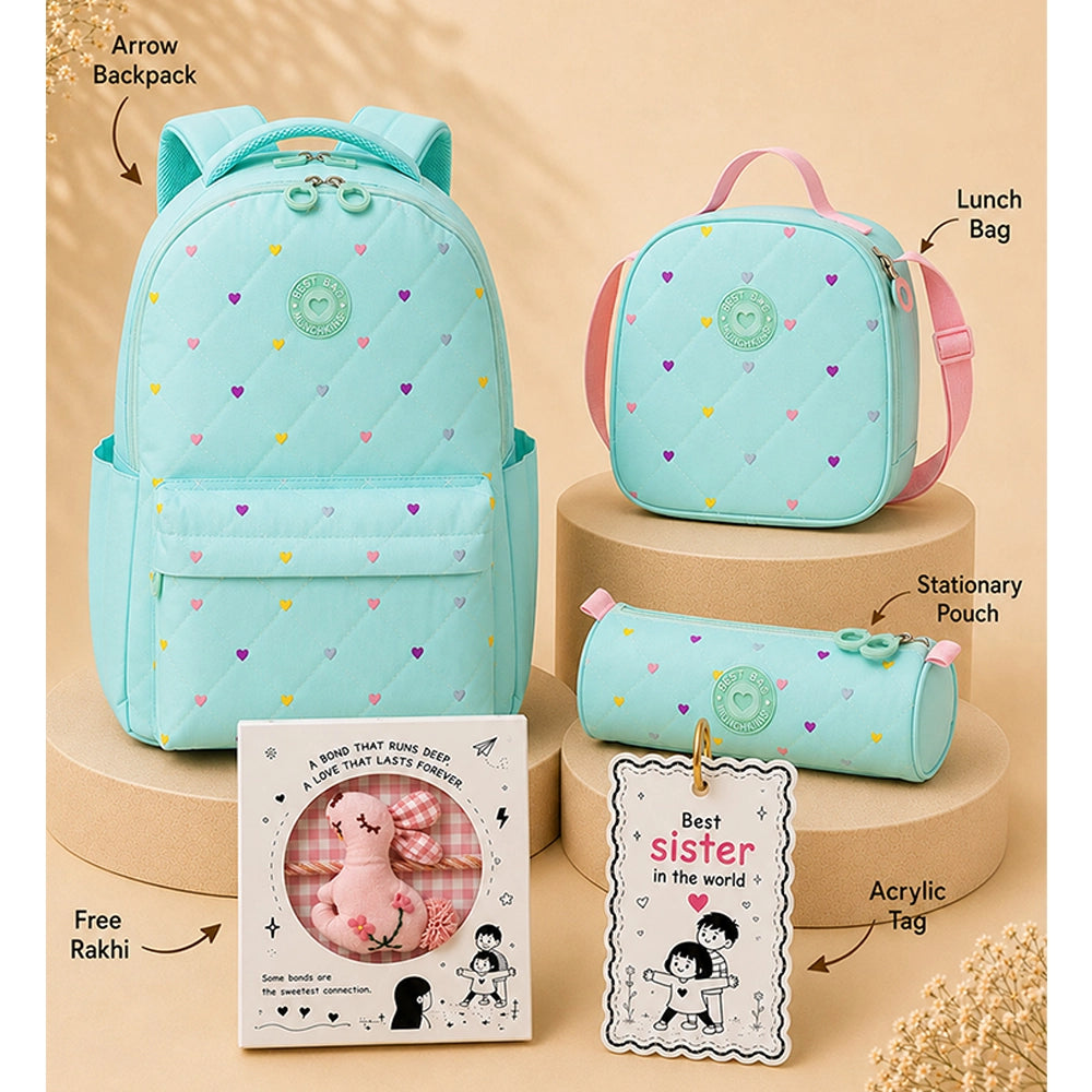 3 Pcs Mint Mini Heart Matching Backpack, Lunch Bag and Stationery Pouch Rakhi Gift Combo for Kids with Free Rakhi
