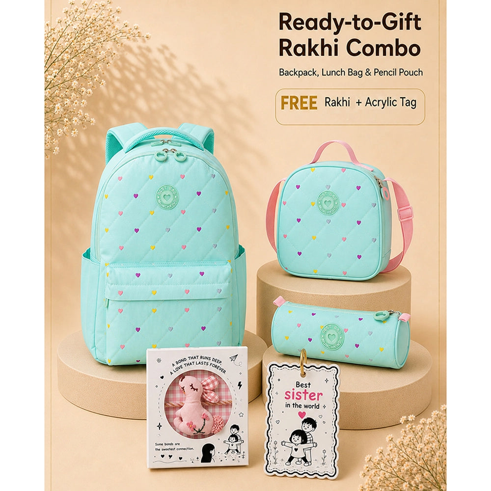 3 Pcs Mint Mini Heart Matching Backpack, Lunch Bag and Stationery Pouch Rakhi Gift Combo for Kids with Free Rakhi