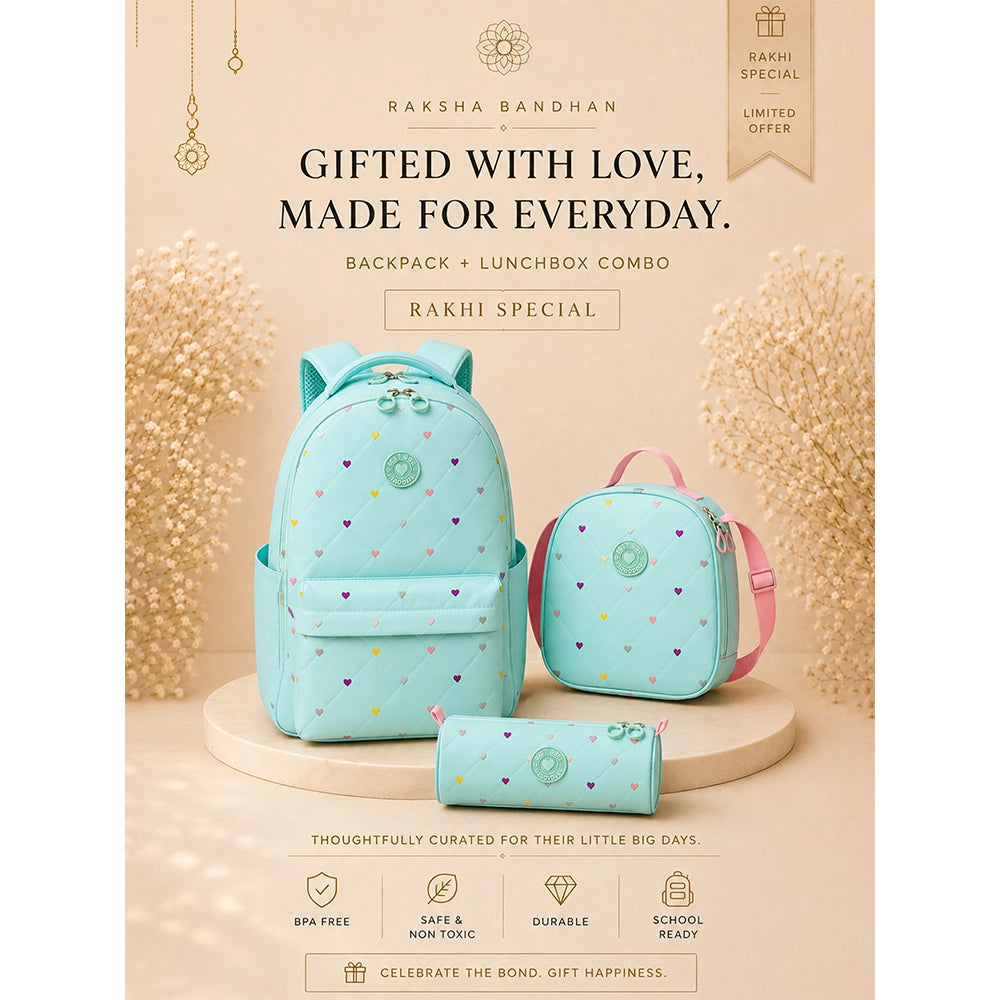 3 Pcs Mint Mini Heart Matching Backpack, Lunch Bag and Stationery Pouch Rakhi Gift Combo for Kids with Free Rakhi