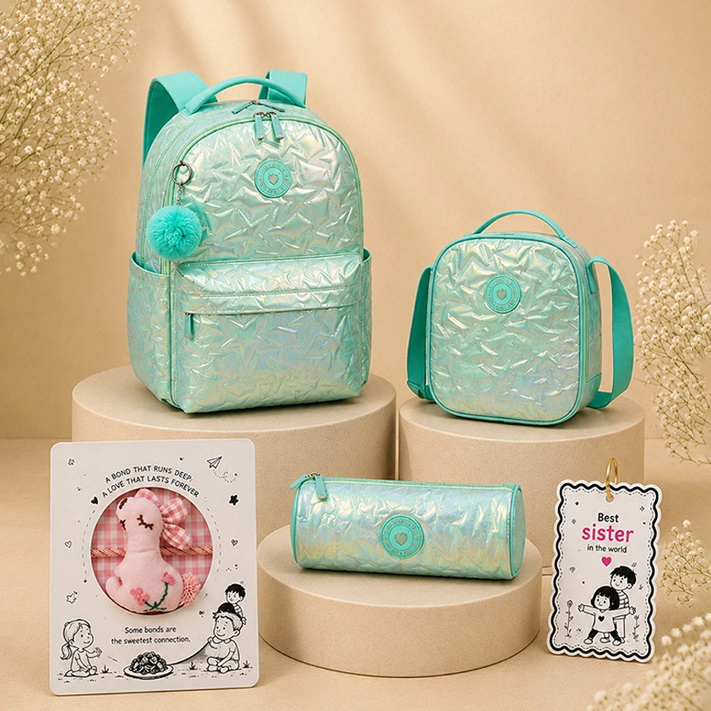 3 Pcs Shiny Mint Star Matching Backpack, Lunch Bag and Stationery Pouch Rakhi Gift Combo for Kids with Free Rakhi