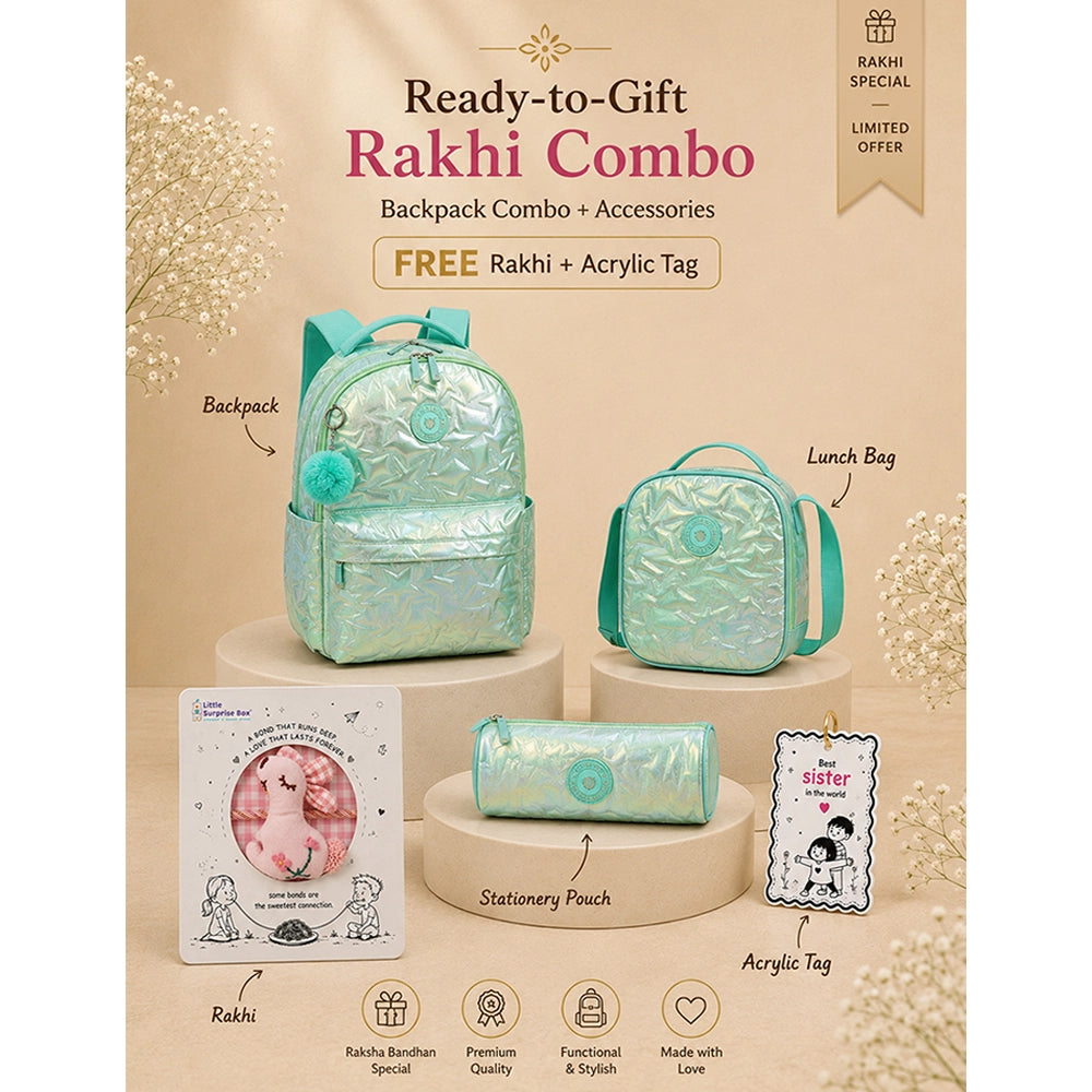 3 Pcs Shiny Mint Star Matching Backpack, Lunch Bag and Stationery Pouch Rakhi Gift Combo for Kids with Free Rakhi