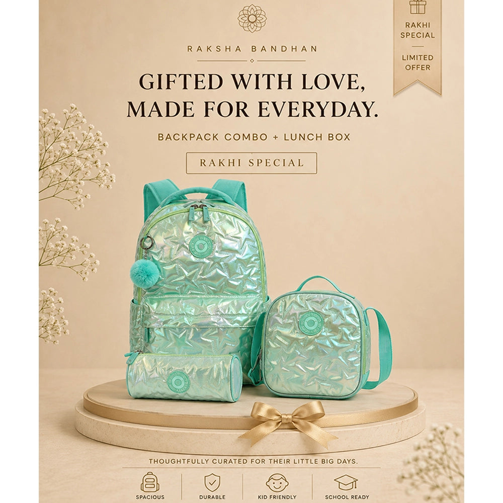 3 Pcs Shiny Mint Star Matching Backpack, Lunch Bag and Stationery Pouch Rakhi Gift Combo for Kids with Free Rakhi