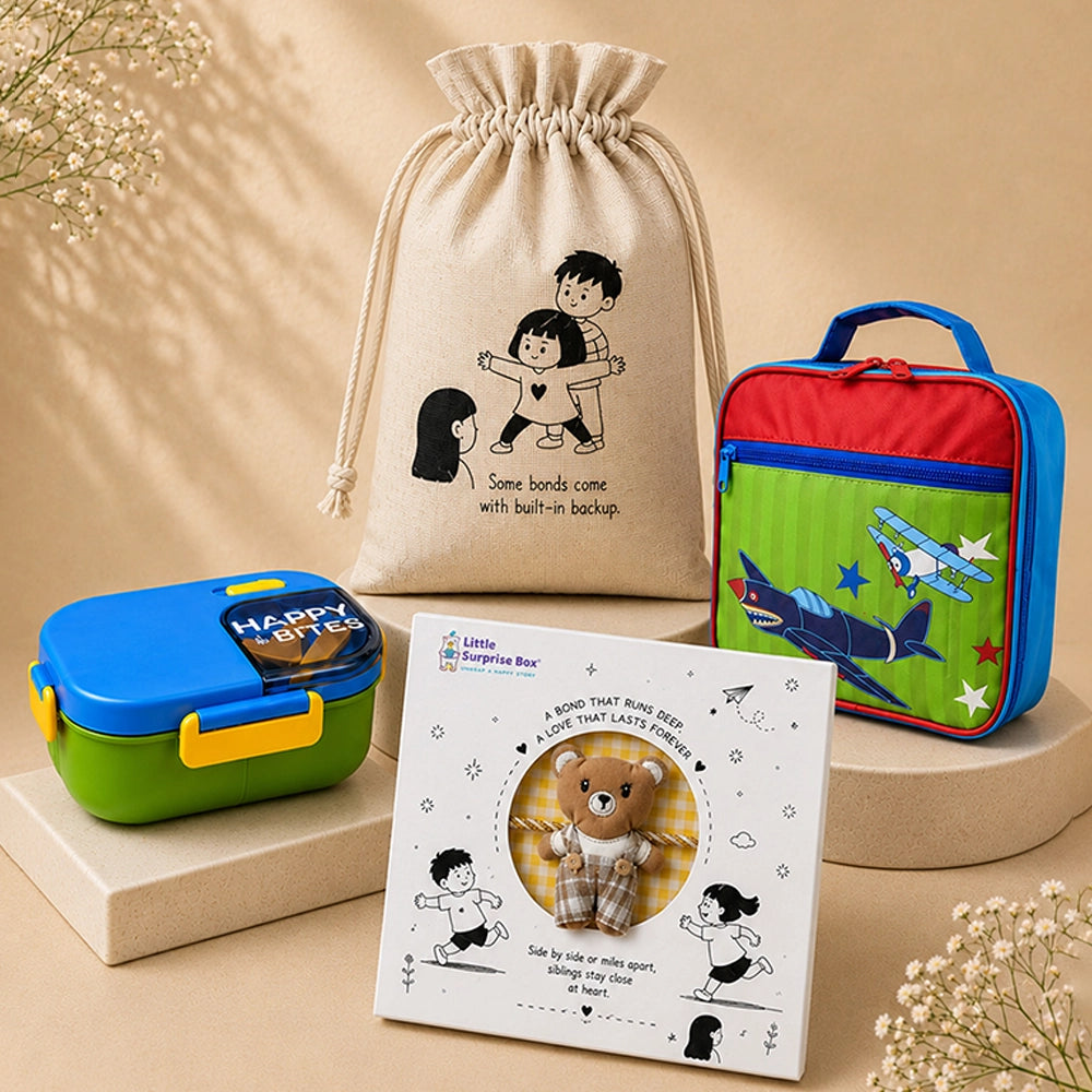 2 Pcs Blue Happy Bites Lunch Box & Plane Lunch Bag Rakhi Gift Combo for Kids with Free Rakhi & Jute drawstring bag.