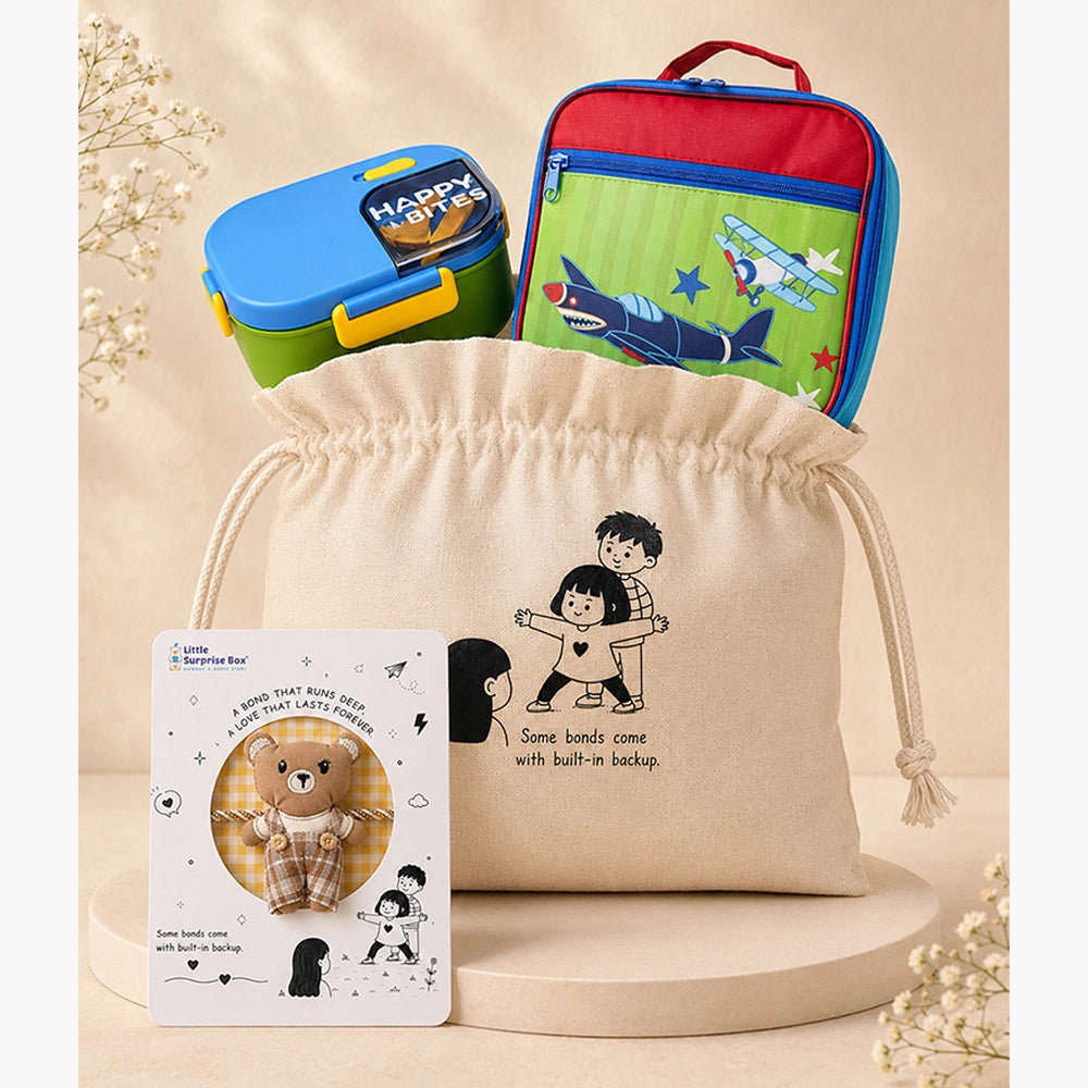 2 Pcs Blue Happy Bites Lunch Box & Plane Lunch Bag Rakhi Gift Combo for Kids with Free Rakhi & Jute drawstring bag.