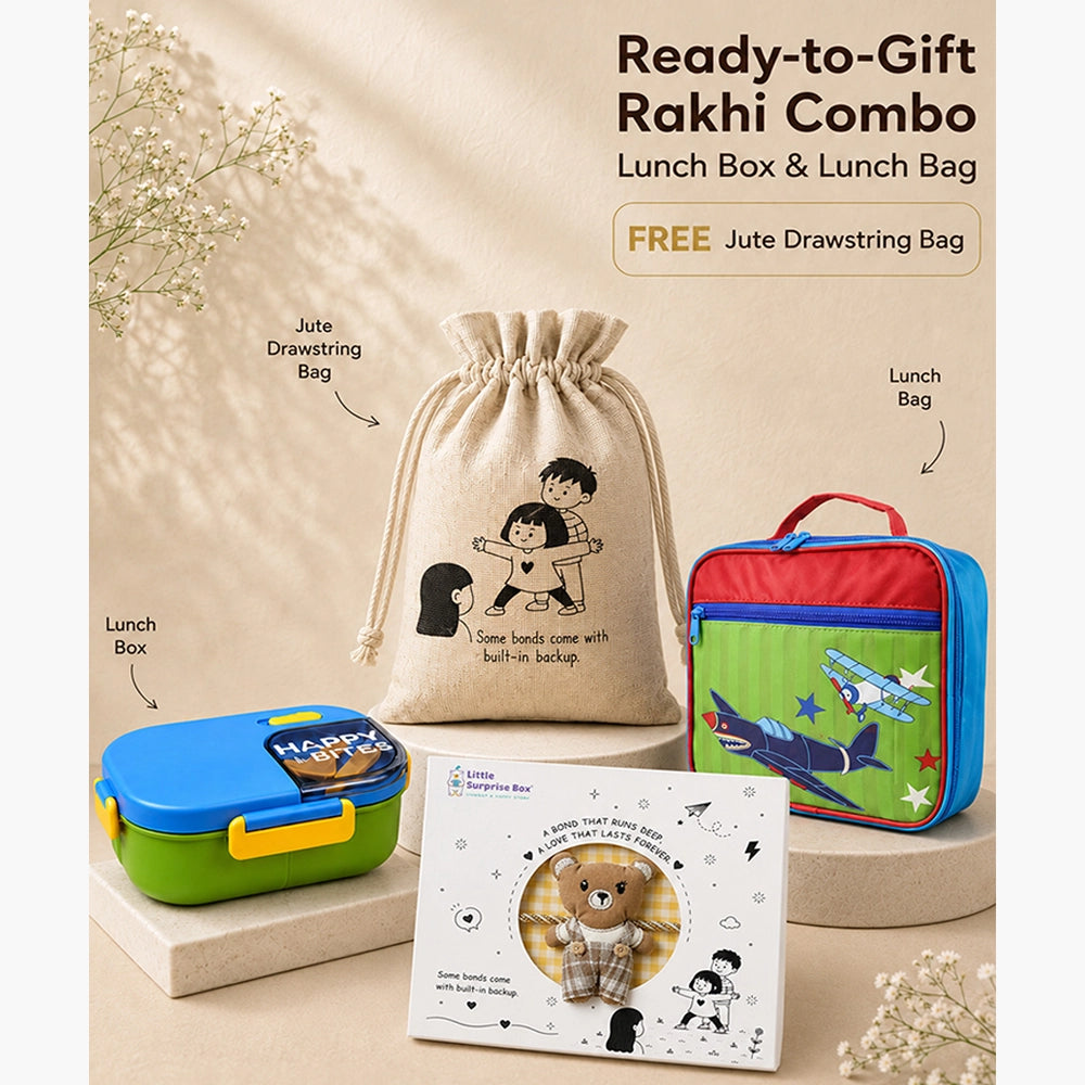 2 Pcs Blue Happy Bites Lunch Box & Plane Lunch Bag Rakhi Gift Combo for Kids with Free Rakhi & Jute drawstring bag.