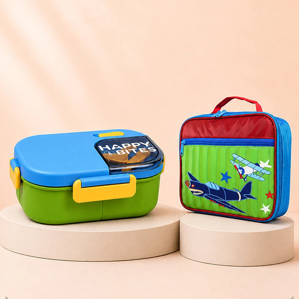 2 Pcs Blue Happy Bites Lunch Box & Plane Lunch Bag Rakhi Gift Combo for Kids with Free Rakhi & Jute drawstring bag.
