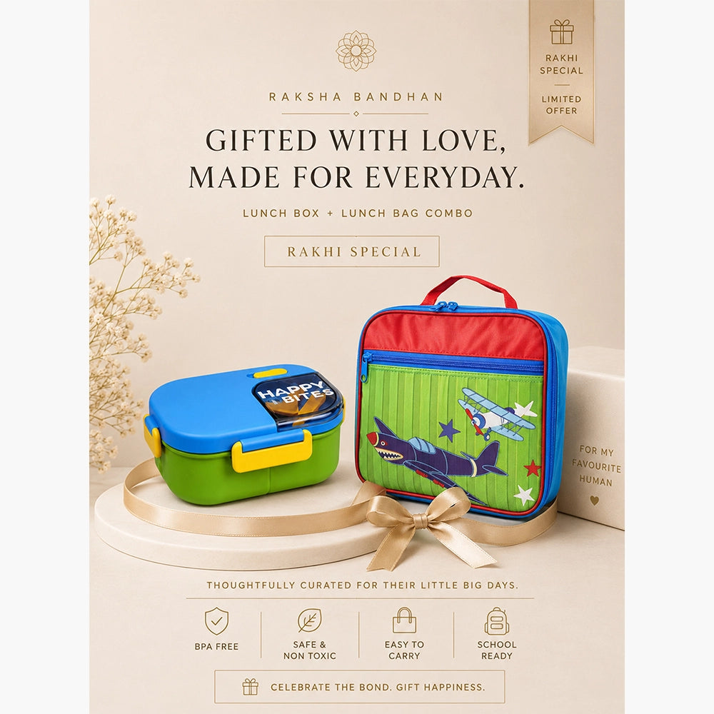 2 Pcs Blue Happy Bites Lunch Box & Plane Lunch Bag Rakhi Gift Combo for Kids with Free Rakhi & Jute drawstring bag.