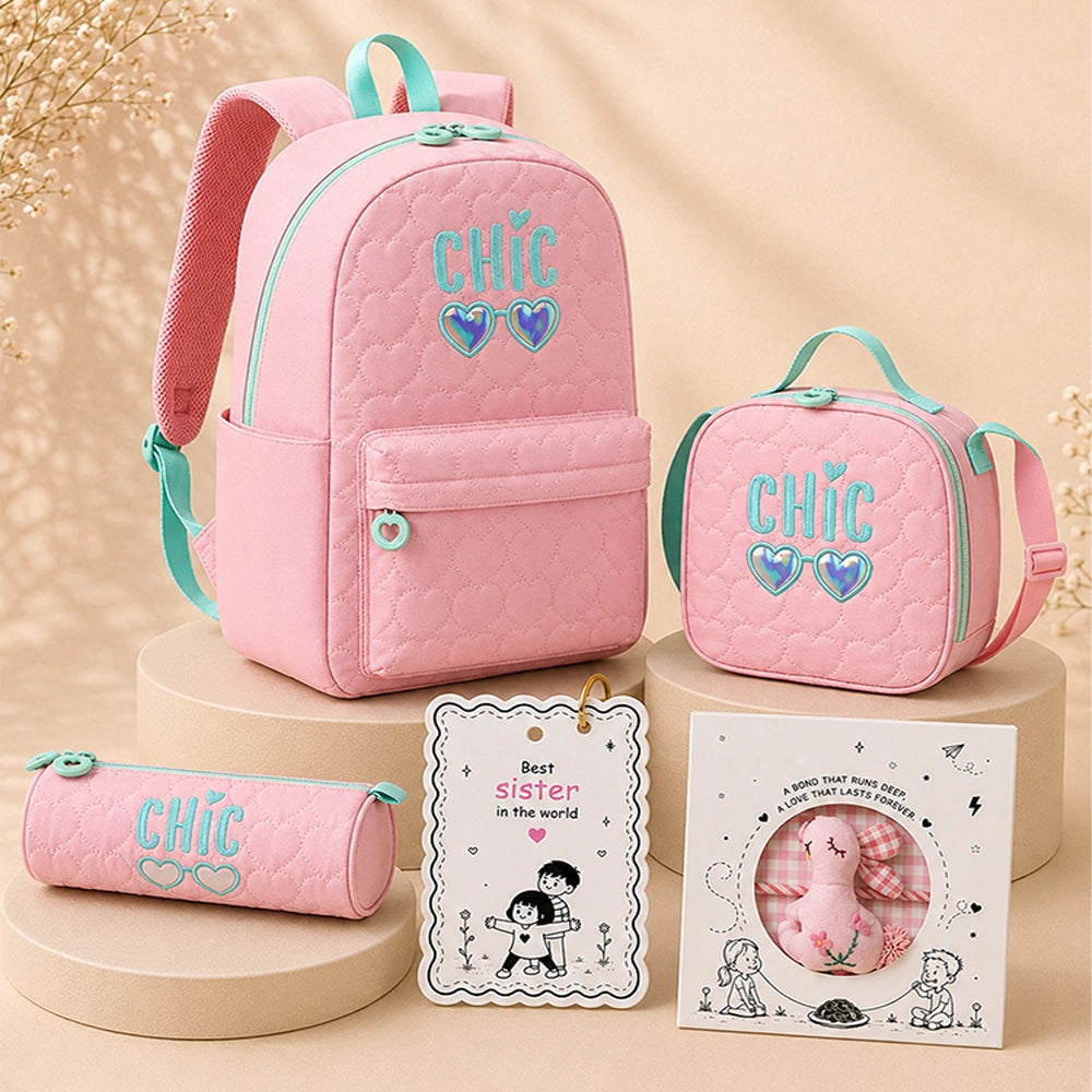 3 Pcs Pink Cool Glasses Backpack, Lunch Bag & Stationery Pouch Rakhi Gift Combo for Kids with Free Rakhi