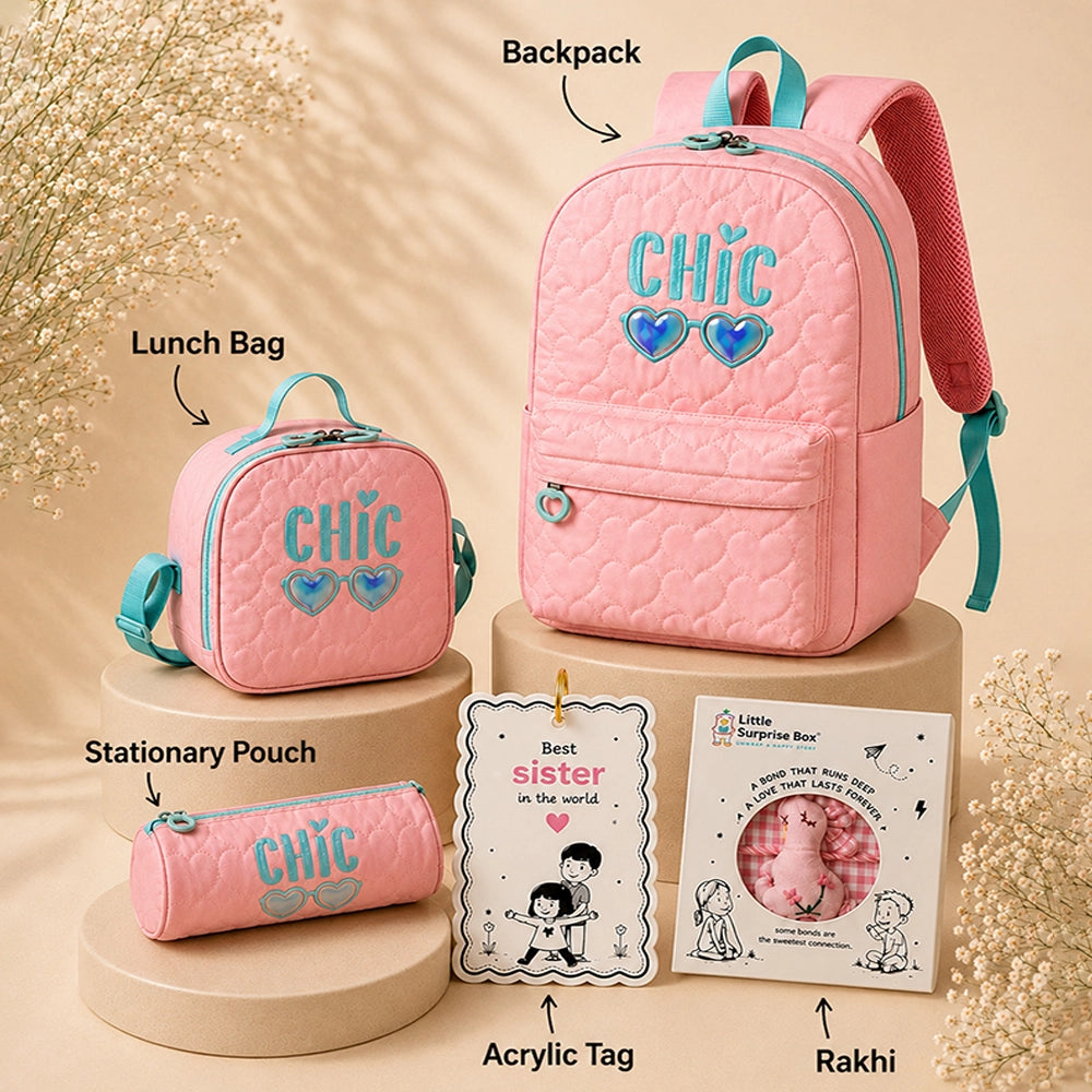 3 Pcs Pink Cool Glasses Backpack, Lunch Bag & Stationery Pouch Rakhi Gift Combo for Kids with Free Rakhi