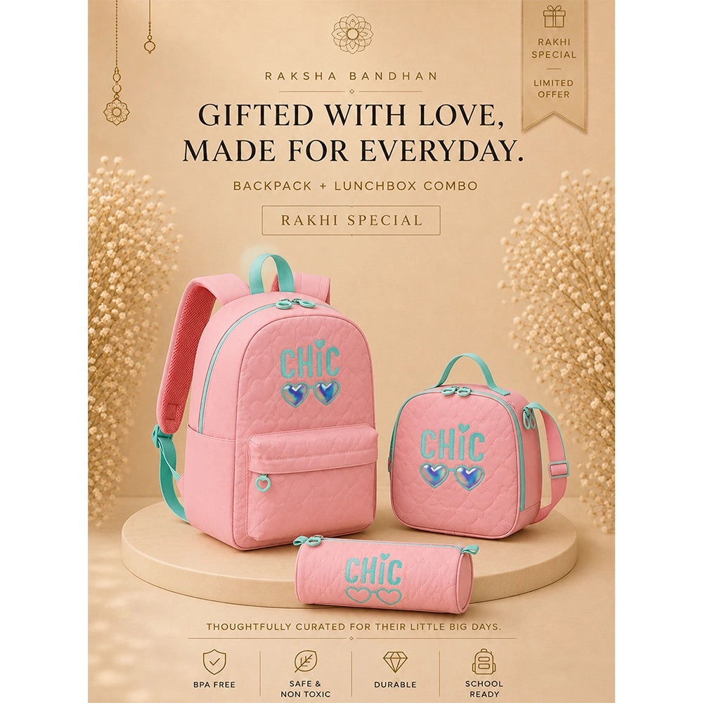 3 Pcs Pink Cool Glasses Backpack, Lunch Bag & Stationery Pouch Rakhi Gift Combo for Kids with Free Rakhi
