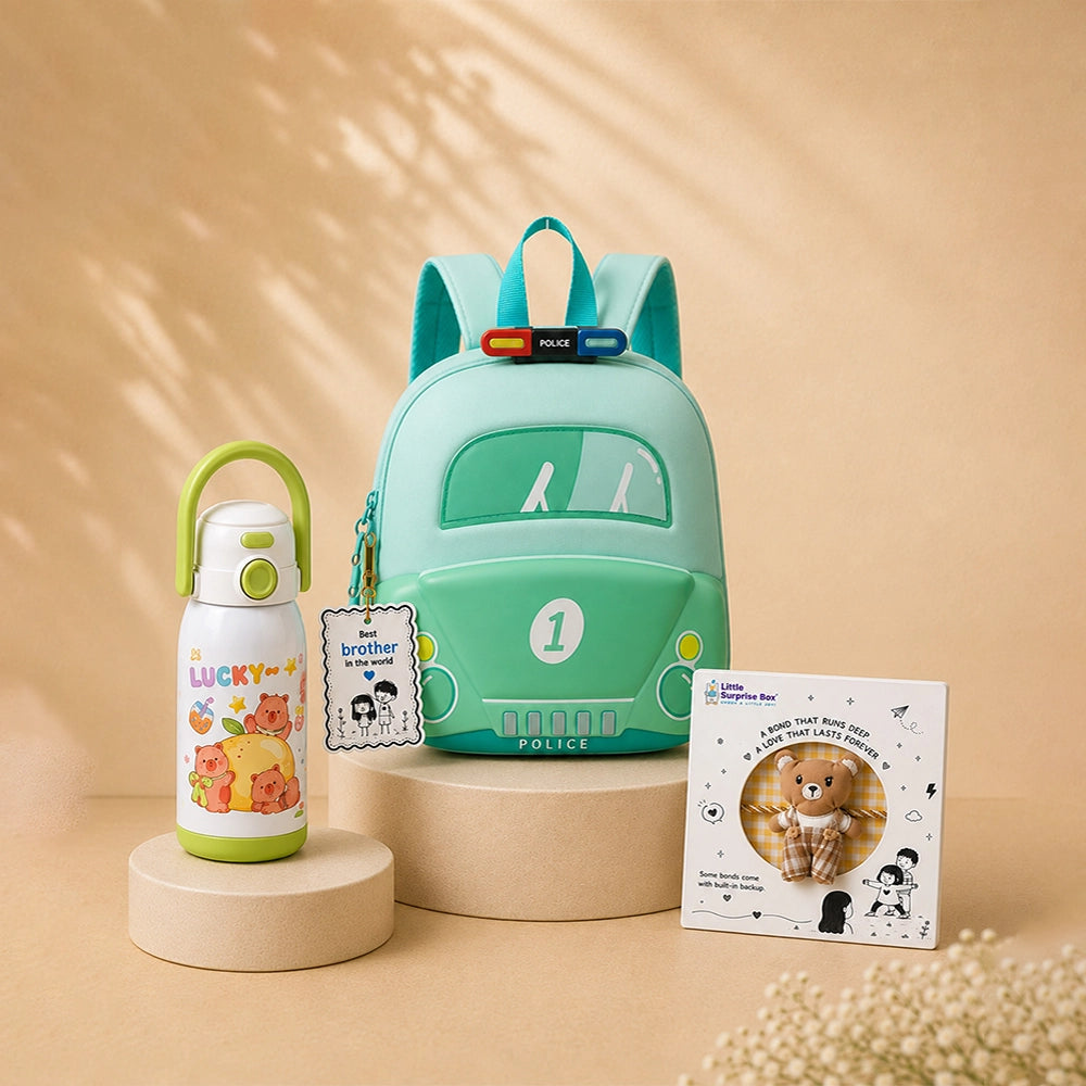 2 Pcs Green Police Backpack & Capybara Water Bottle Rakhi Gift Combo for Kids with Free Rakhi