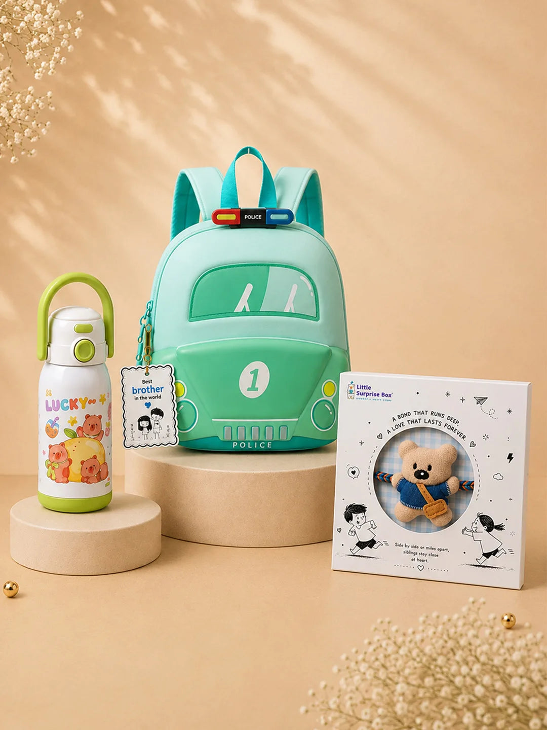 2 Pcs Green Police Backpack & Capybara Water Bottle Rakhi Gift Combo for Kids with Free Rakhi