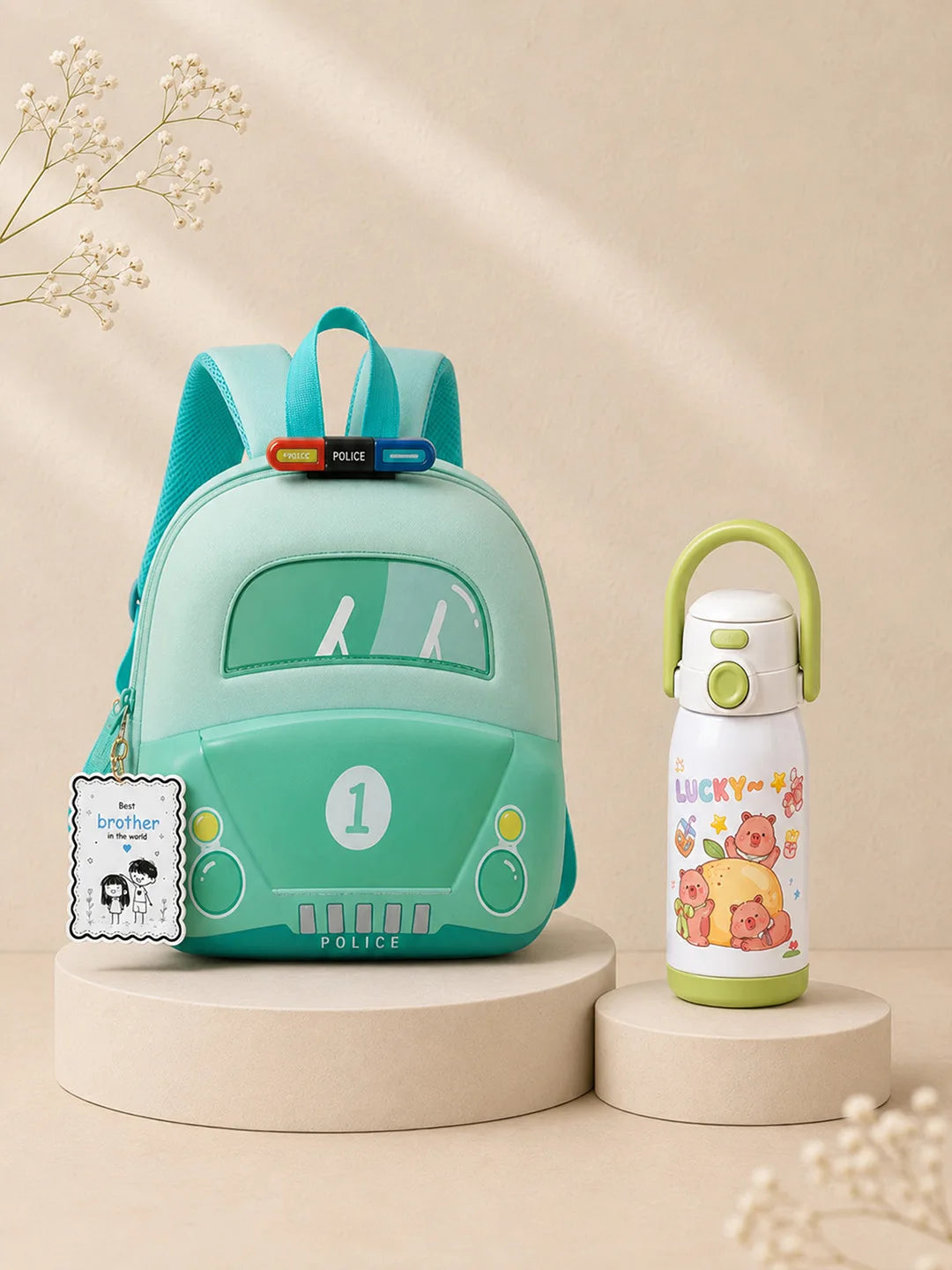 2 Pcs Green Police Backpack & Capybara Water Bottle Rakhi Gift Combo for Kids with Free Rakhi