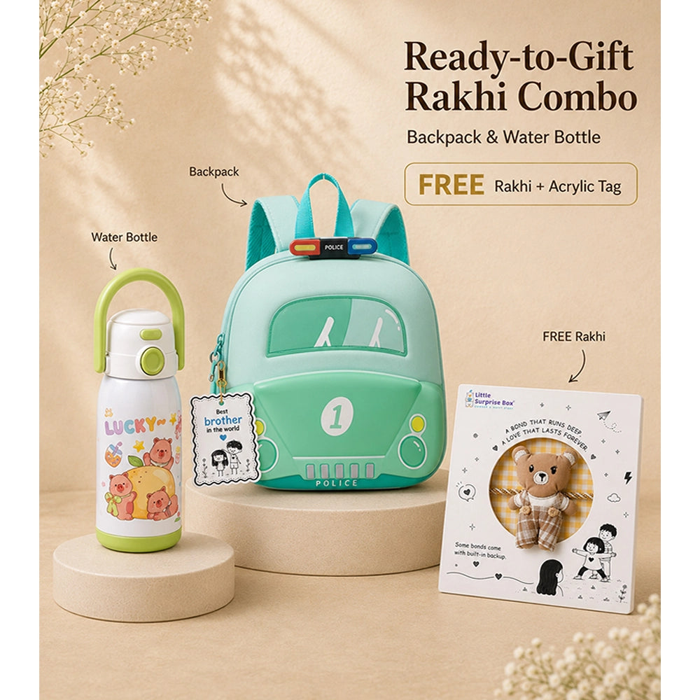 2 Pcs Green Police Backpack & Capybara Water Bottle Rakhi Gift Combo for Kids with Free Rakhi