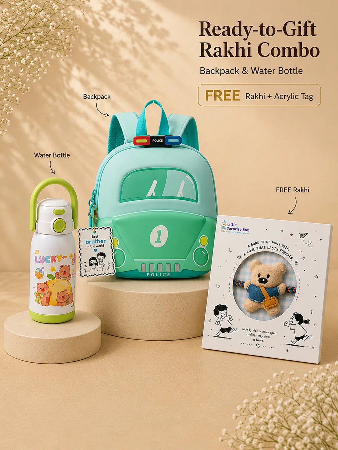 2 Pcs Green Police Backpack & Capybara Water Bottle Rakhi Gift Combo for Kids with Free Rakhi