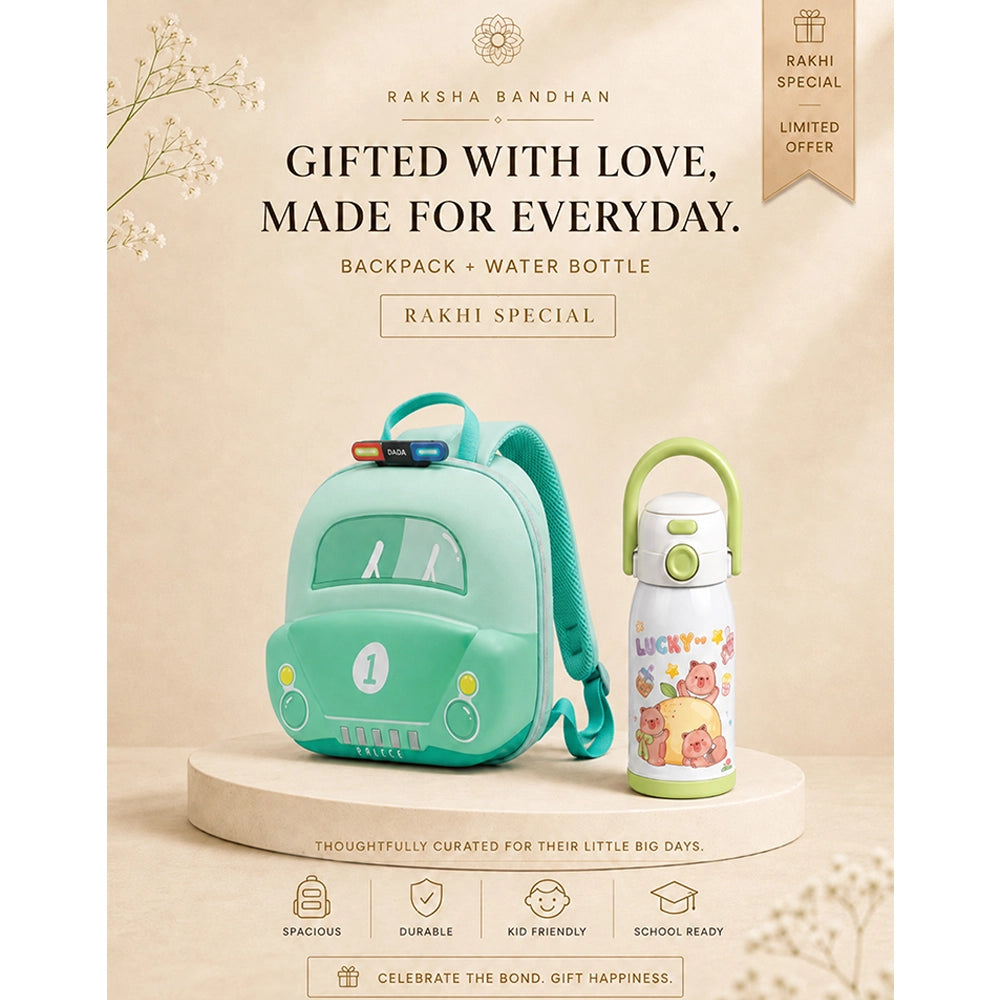 2 Pcs Green Police Backpack & Capybara Water Bottle Rakhi Gift Combo for Kids with Free Rakhi