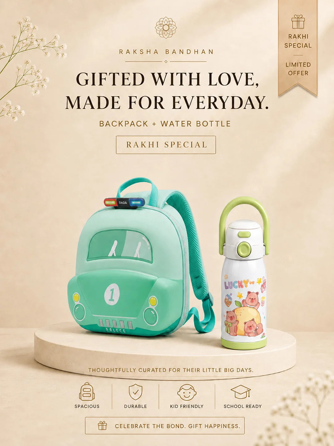 2 Pcs Green Police Backpack & Capybara Water Bottle Rakhi Gift Combo for Kids with Free Rakhi