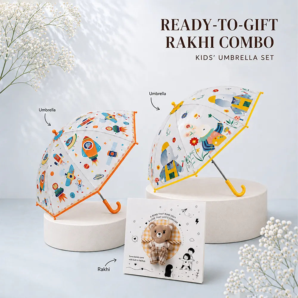2 Pcs Elephant & Rocket Umbrella Rakhi Gift Combo for Kids with Free Rakhi