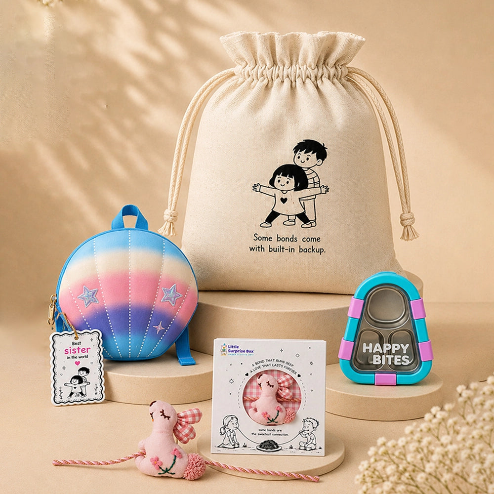 2 Pcs Shell Backpack & Pink-Blue Triangle Lunch Box Rakhi Gift Combo for Kids with Free Rakhi & Jute drawstring bag.