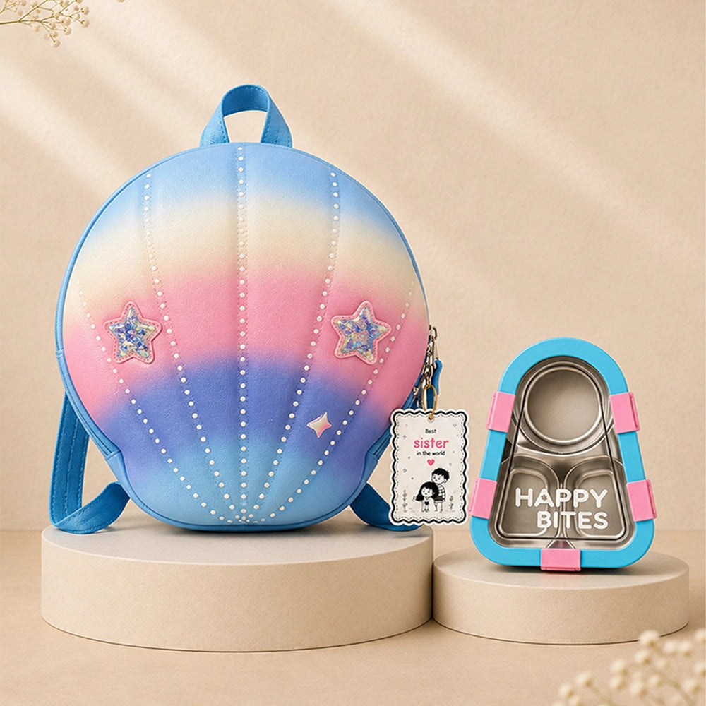 2 Pcs Shell Backpack & Pink-Blue Triangle Lunch Box Rakhi Gift Combo for Kids with Free Rakhi & Jute drawstring bag.