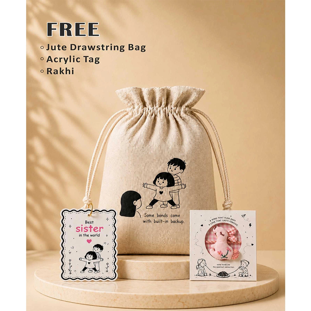 2 Pcs Shell Backpack & Pink-Blue Triangle Lunch Box Rakhi Gift Combo for Kids with Free Rakhi & Jute drawstring bag.
